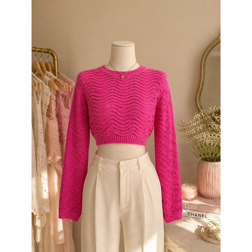 NYC Knits Hot Pink Open Knit Cropped Sweater Large Long Sleeve Crochet Pullover